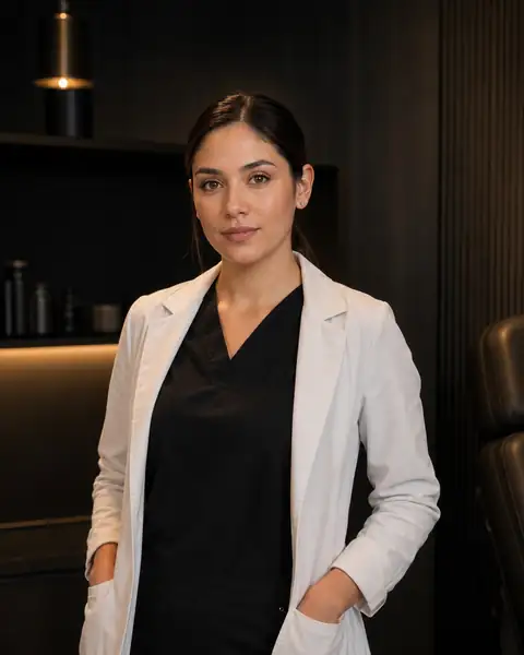 Espacio reservado para una fotografía real de Karen dentro de HAUTLAB, con uniforme clínico y encuadre editorial.