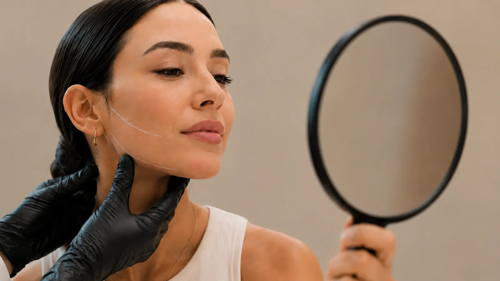 Imagen editorial de valoración de proporciones y contorno facial frente al espejo
