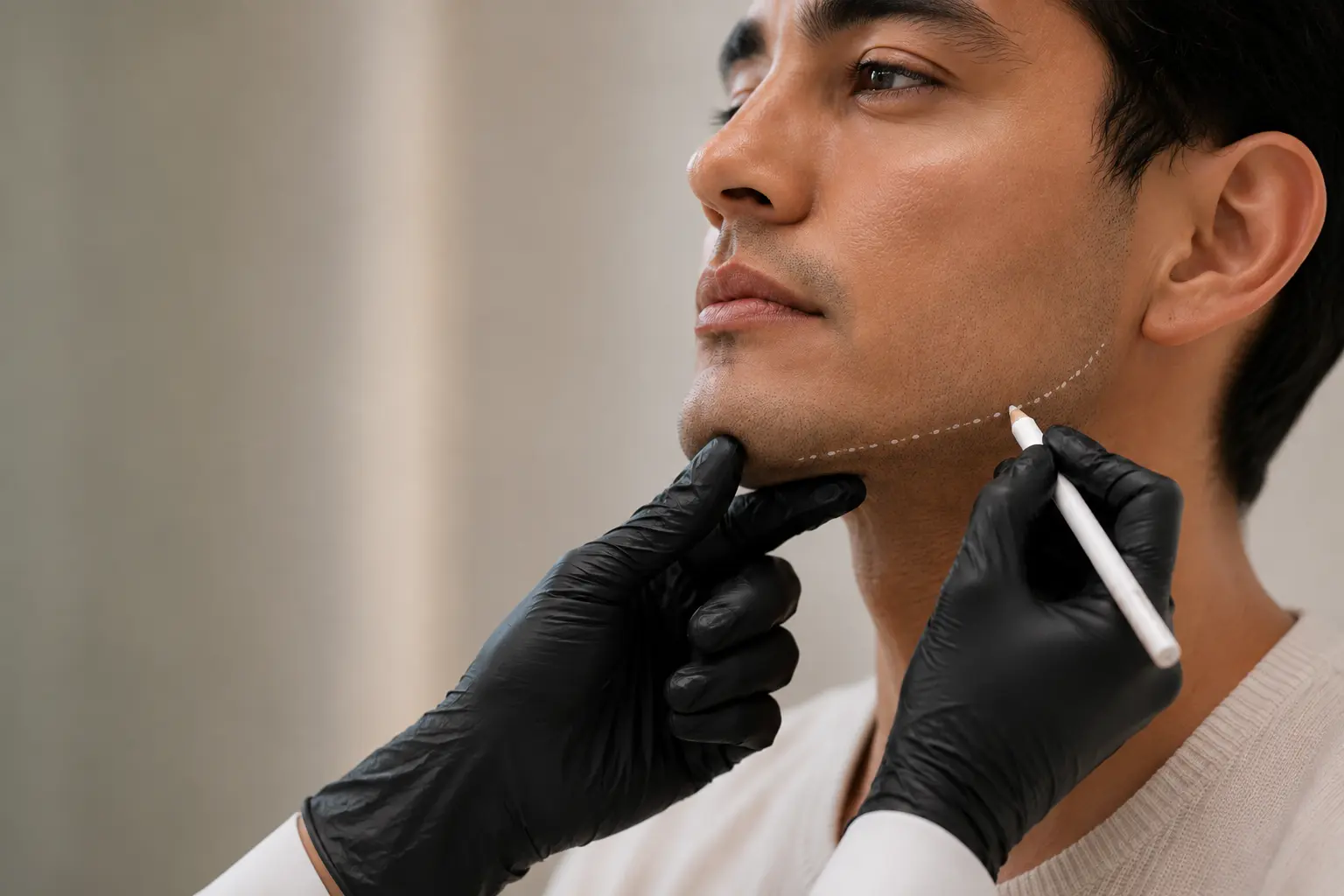 Imagen editorial de marcaje del contorno mandibular masculino