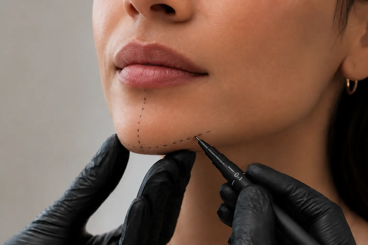 Imagen editorial de marcaje clínico de mentón y tercio inferior facial