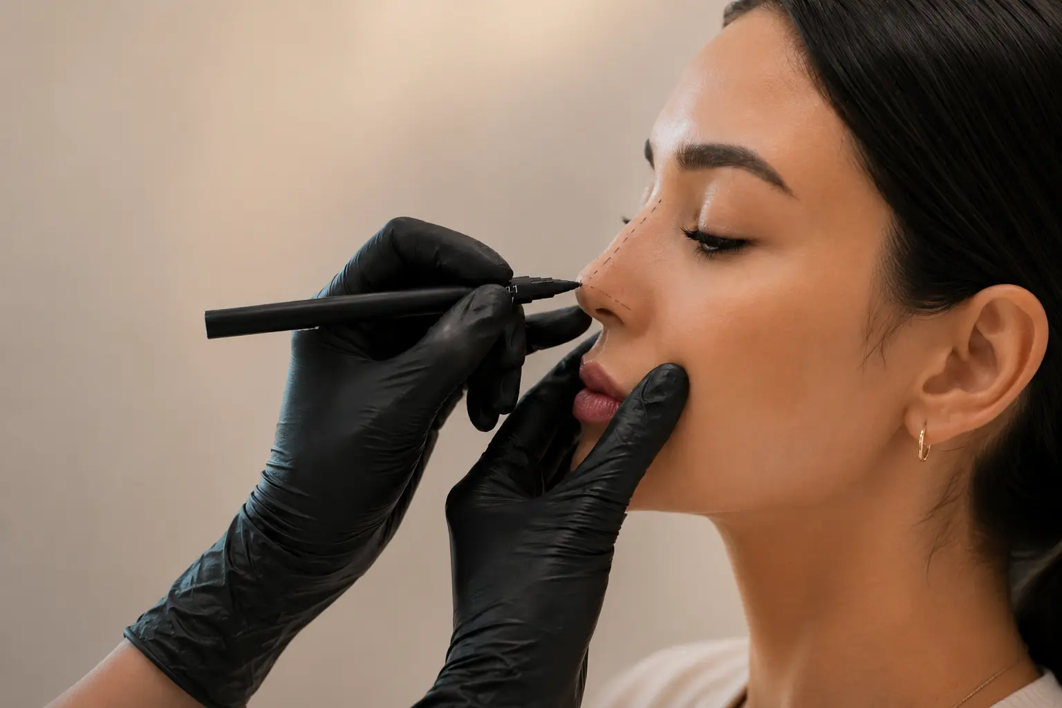 Imagen editorial de marcaje anatómico nasal previo a una valoración de rinomodelación